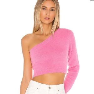 Revolve superdown one shoulder pink fuzzy sweater